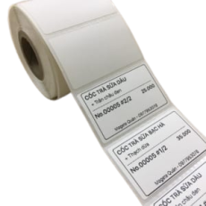 Decal nhiệt in tem nhãn 76x40mm, 1 tem/hàng, cuộn 30m