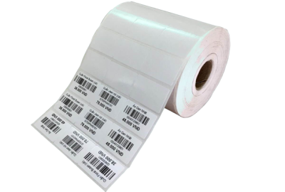 Decal giấy in nhiệt in mã vạch 35x22mm, loại 3 tem/hàng cuộn 50m